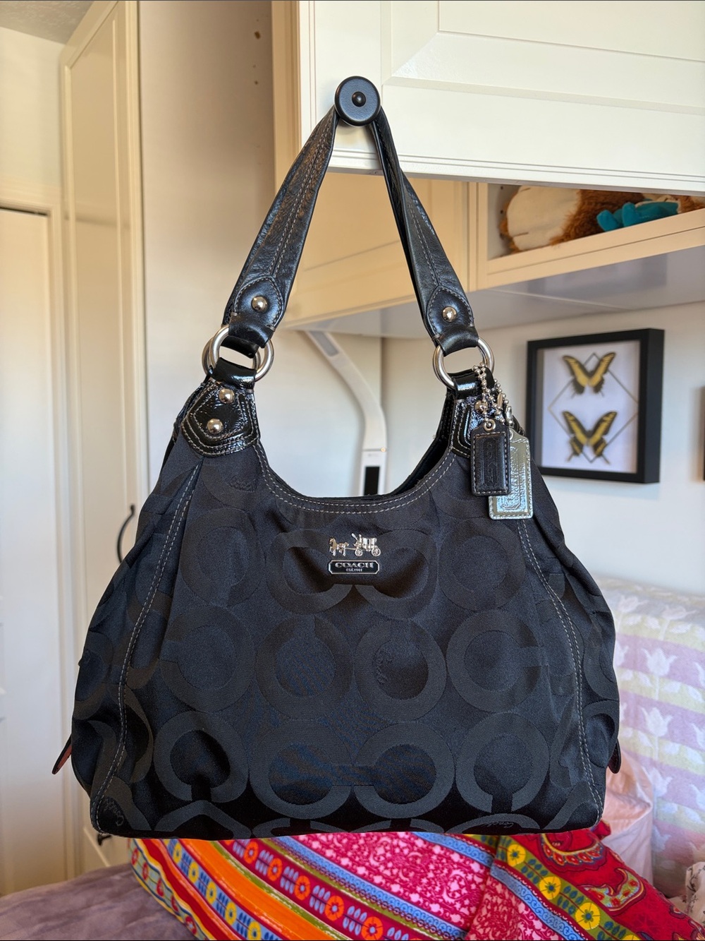 Coach Black Signature Shoulder Bag with Leather Trim